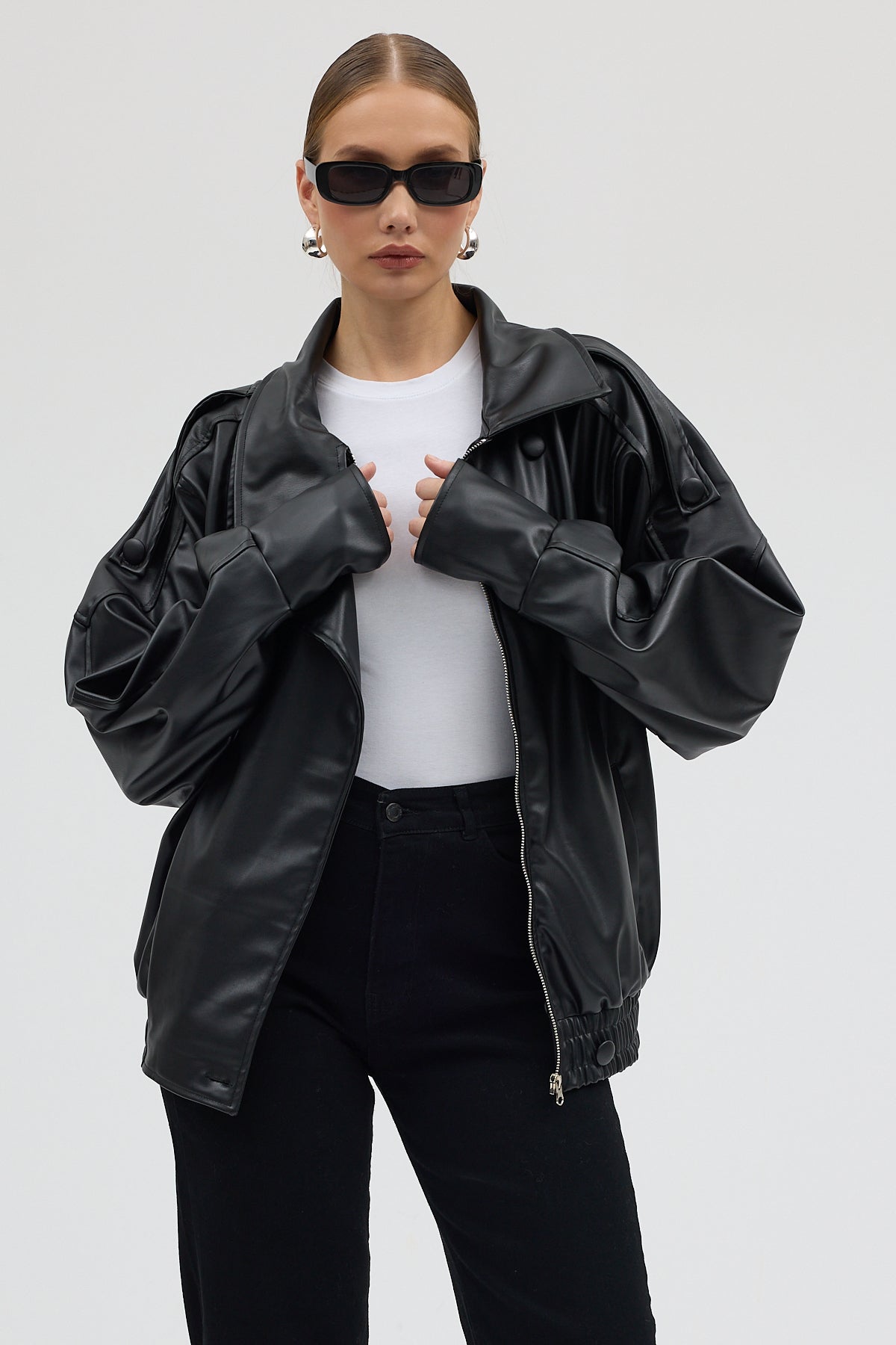 LERMONA Siyah Boğazlı Deri Ceket