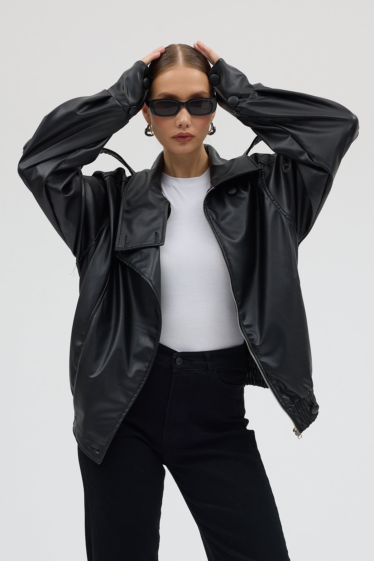 LERMONA Siyah Boğazlı Deri Ceket