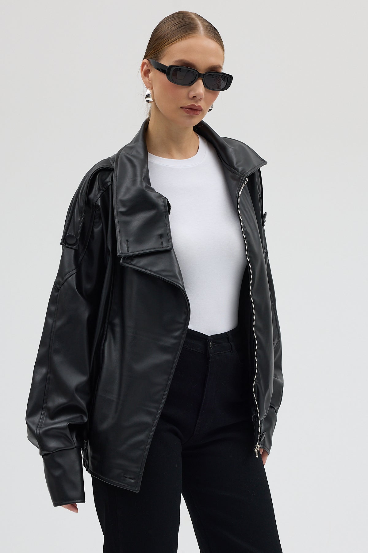 LERMONA Siyah Boğazlı Deri Ceket