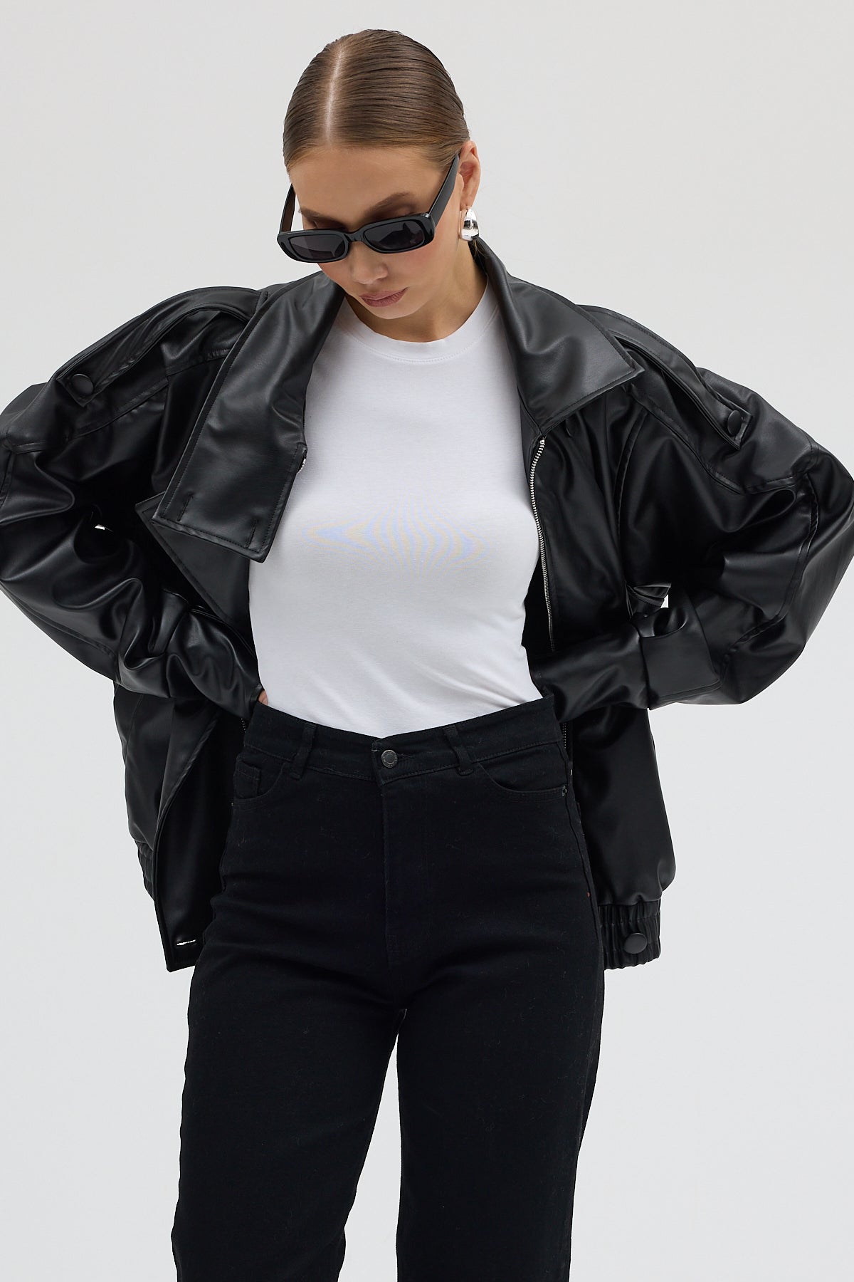 LERMONA Siyah Boğazlı Deri Ceket