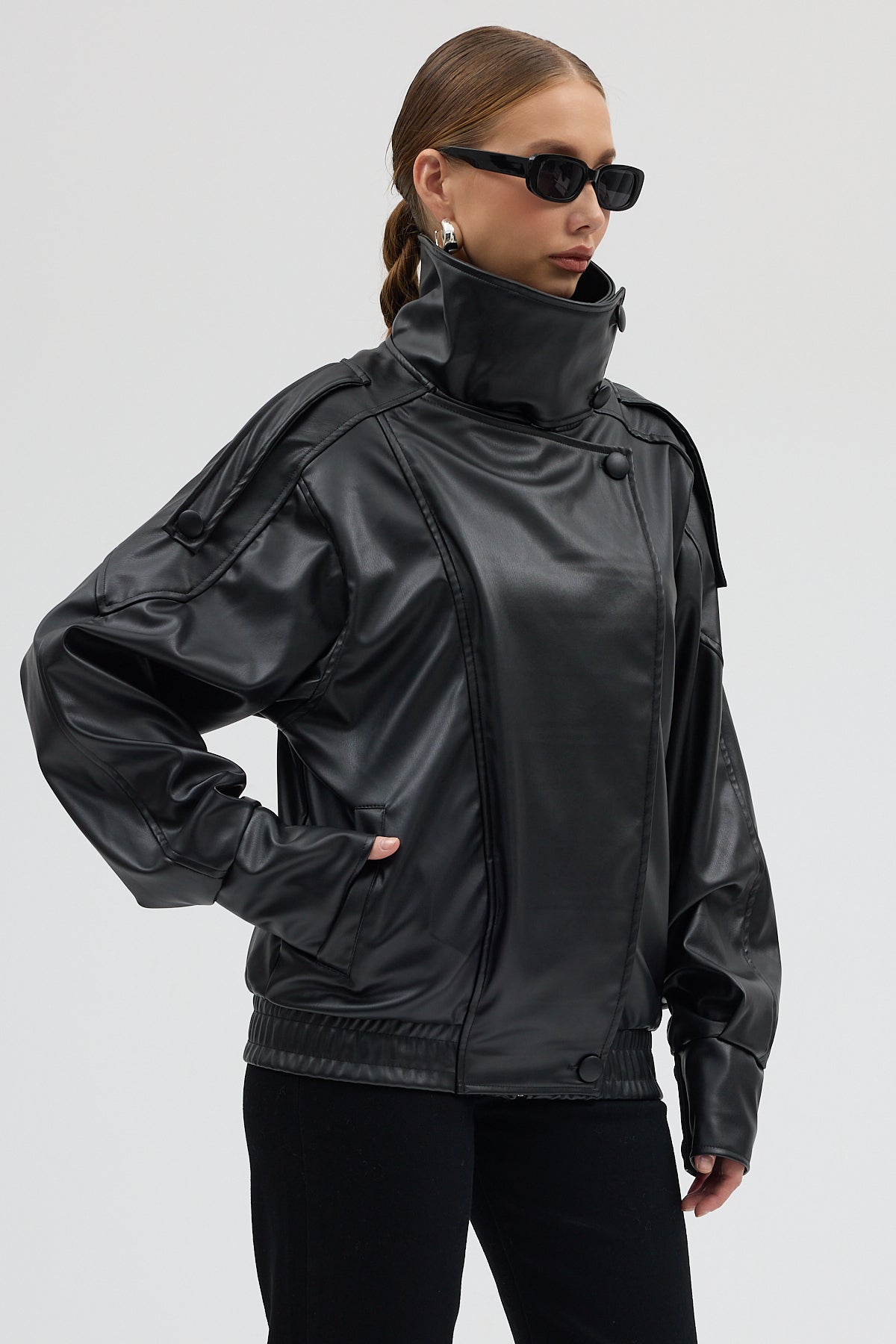 LERMONA Siyah Boğazlı Deri Ceket