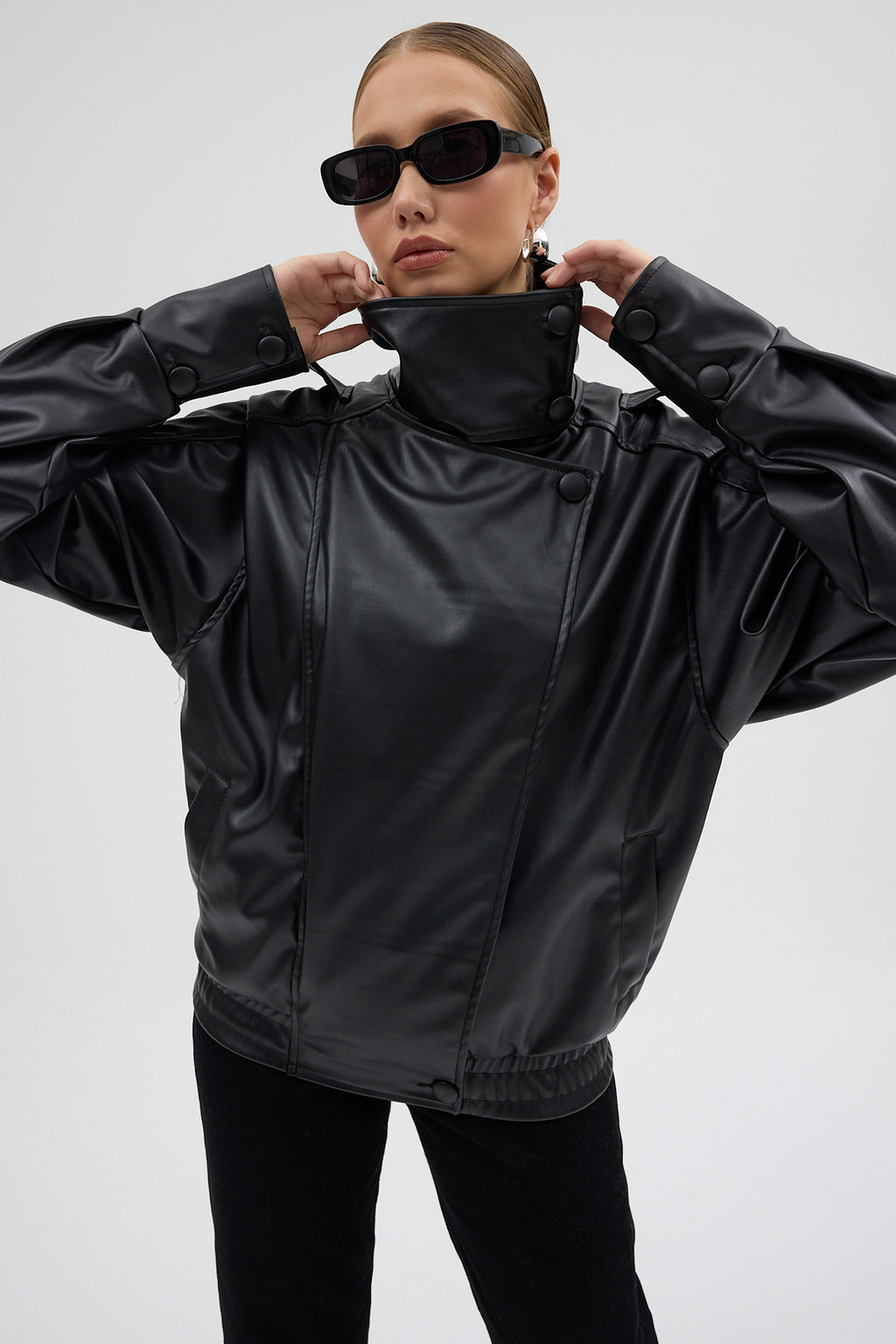 LERMONA Siyah Boğazlı Deri Ceket