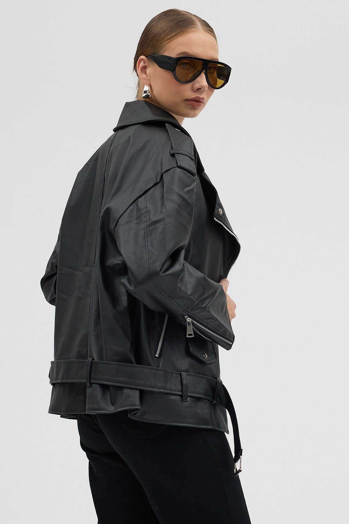 LERMONA NOIR Oversize Kemerli Biker Ceket