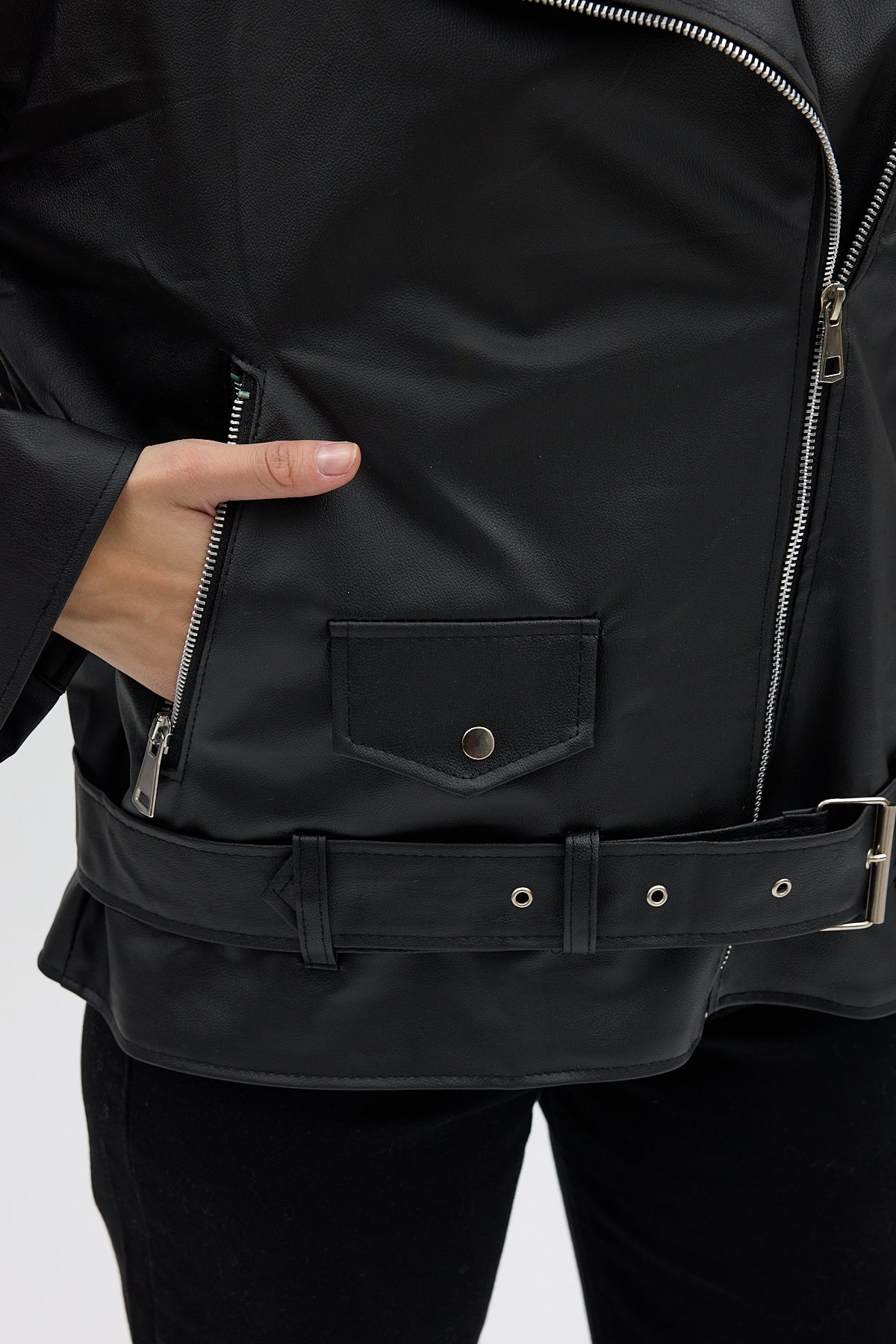 LERMONA NOIR Oversize Kemerli Biker Ceket