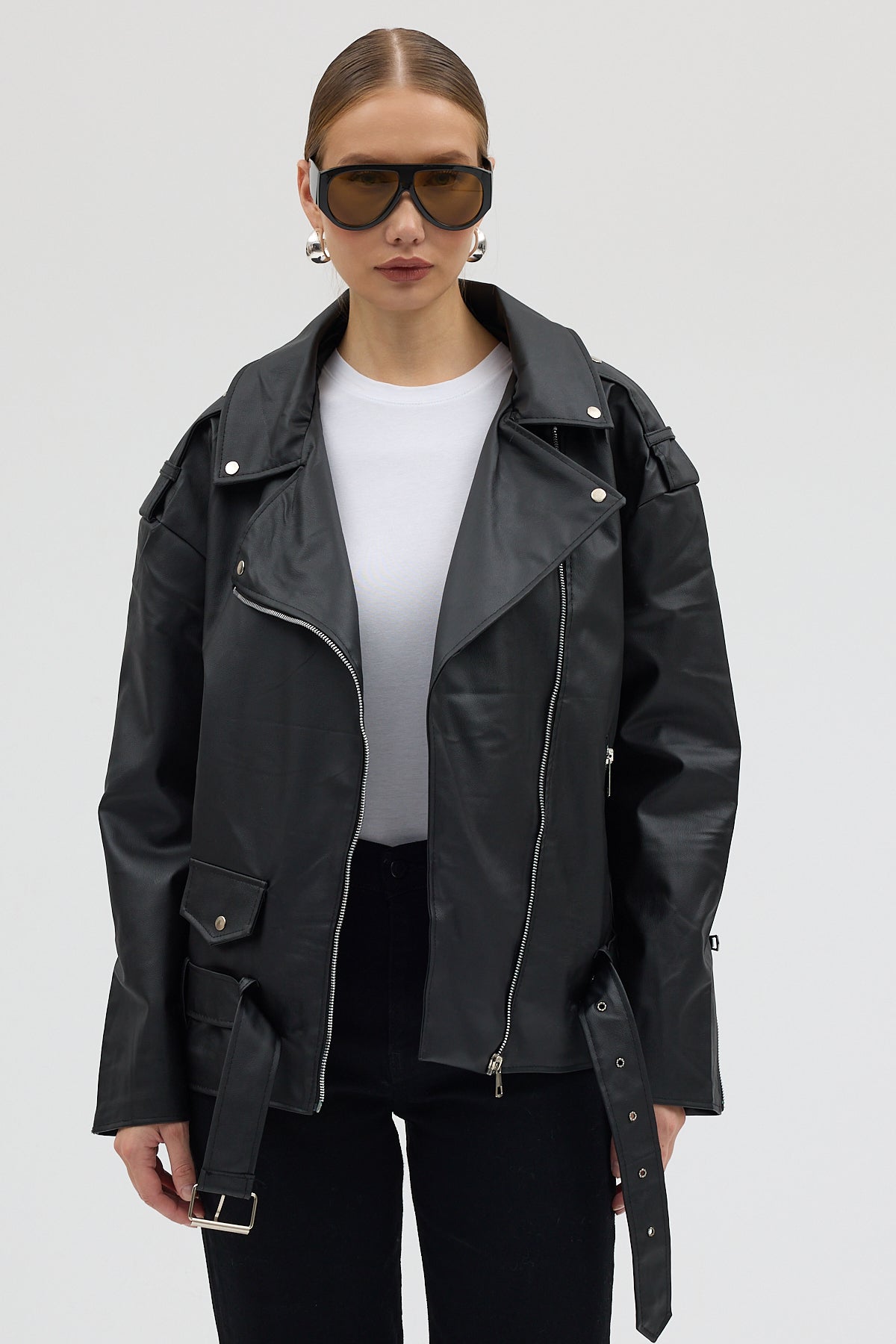 LERMONA NOIR Oversize Kemerli Biker Ceket