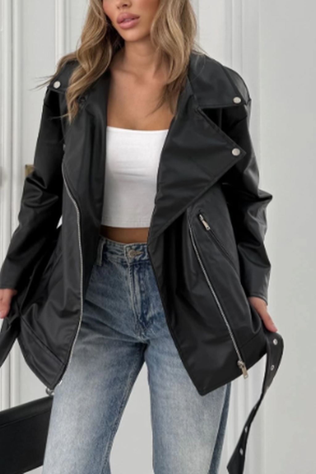 Elvera Oversize Uzun Kadın Siyah Deri Ceket