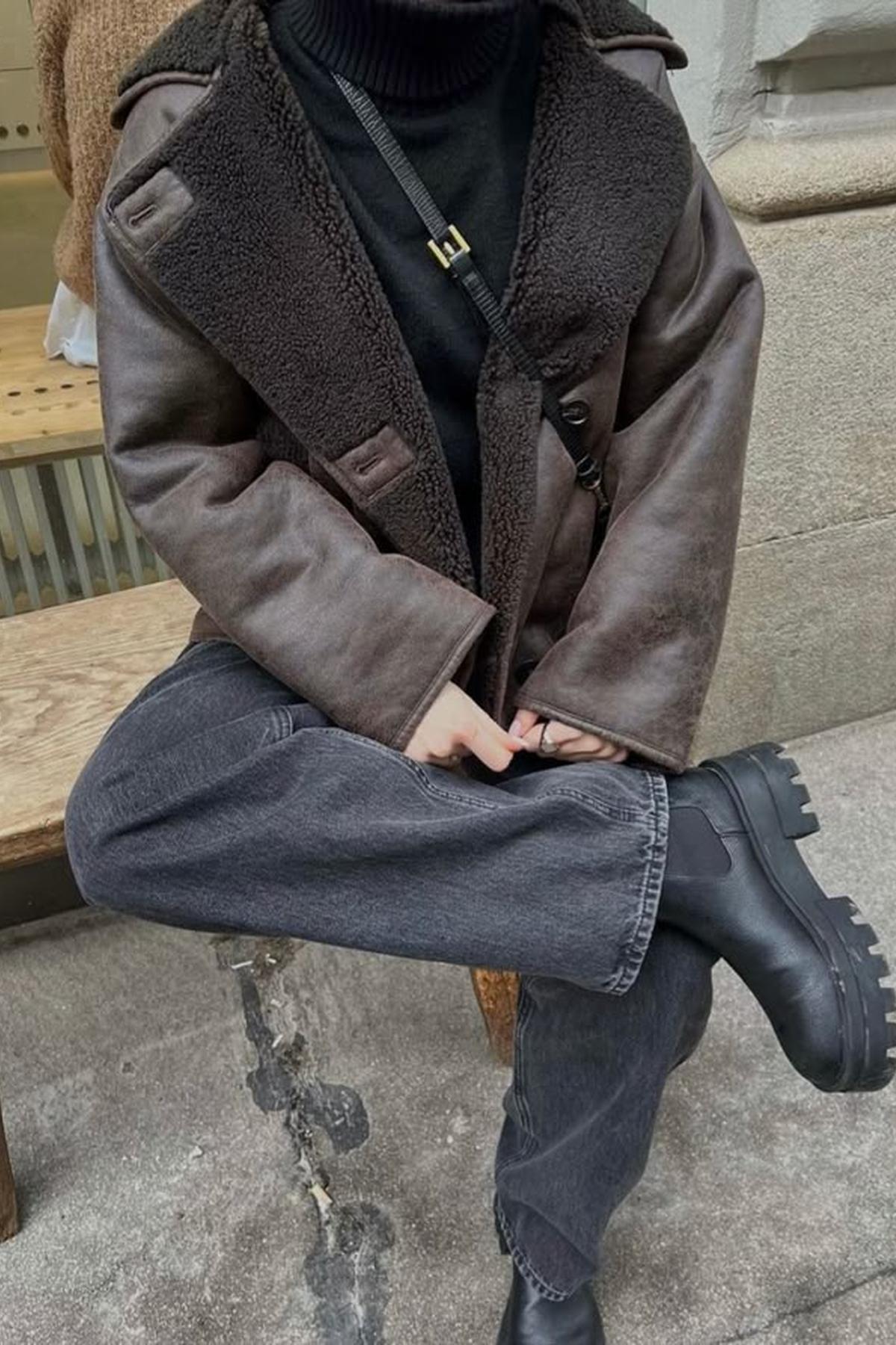 LERMONA Kahverengi Deri Ceket-Mont