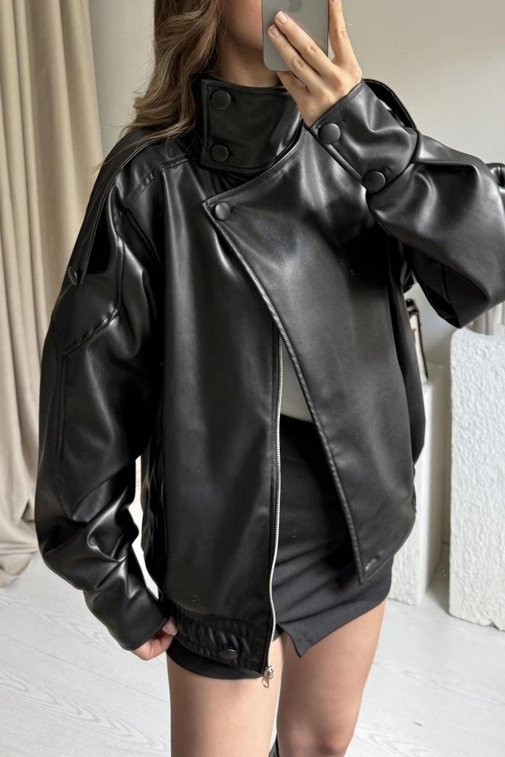 LERMONA Siyah Boğazlı Deri Ceket