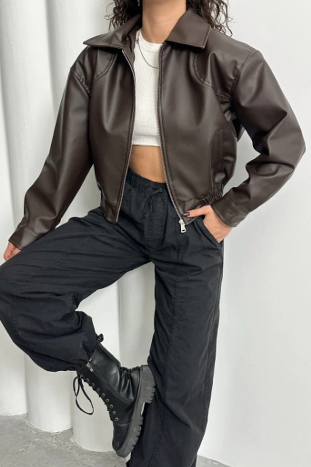 LERMONA Acı Kahve Bomber Deri Ceket