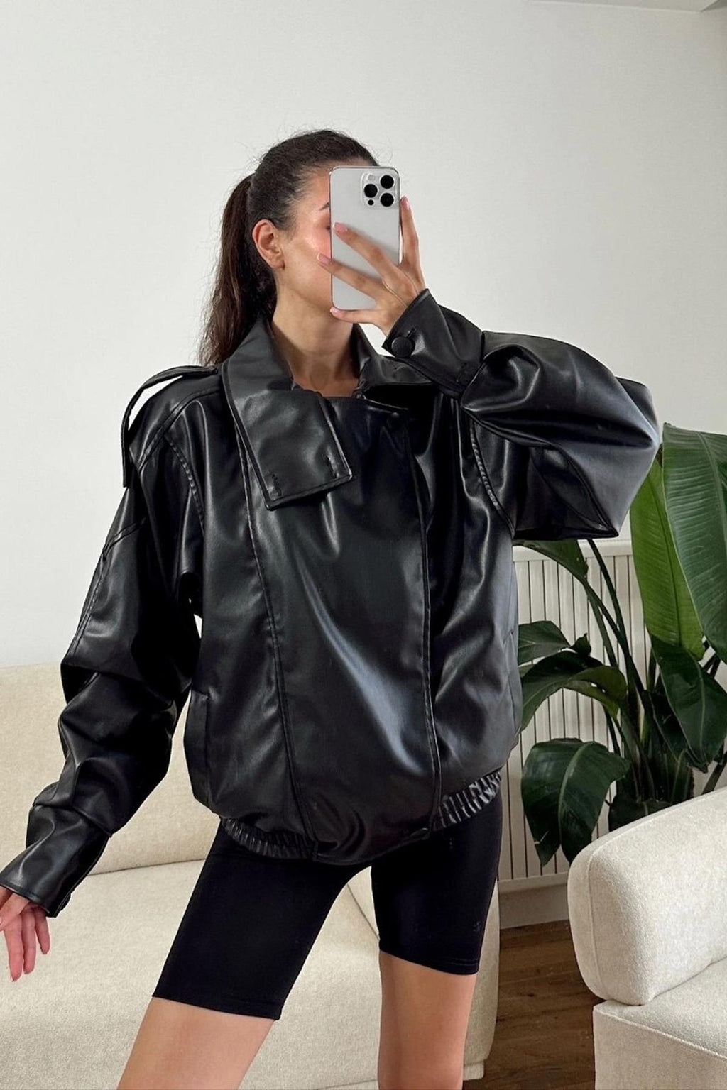 LERMONA Siyah Boğazlı Deri Ceket