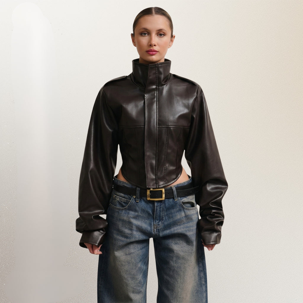 LERMONA Dik Yaka Crop Acı Kahve Deri Ceket