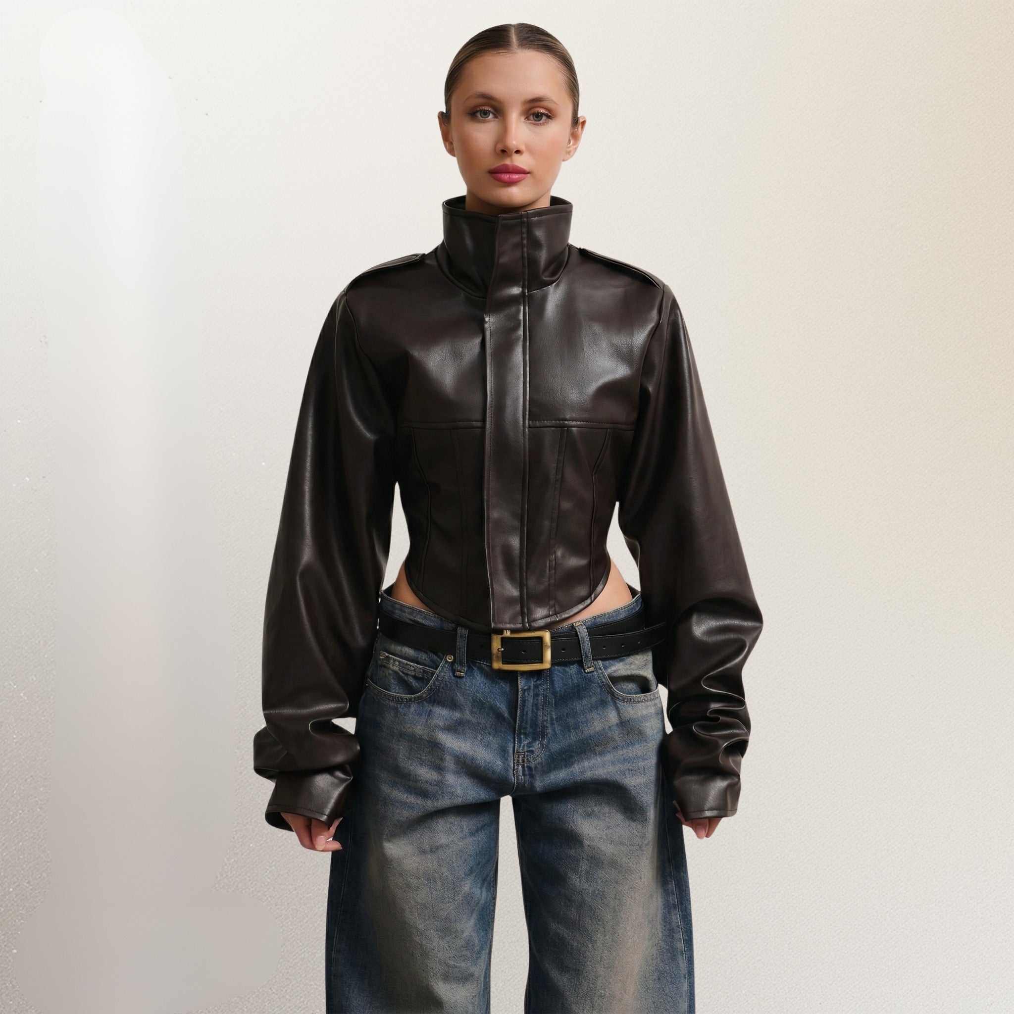 LERMONA Dik Yaka Crop Acı Kahve Deri Ceket