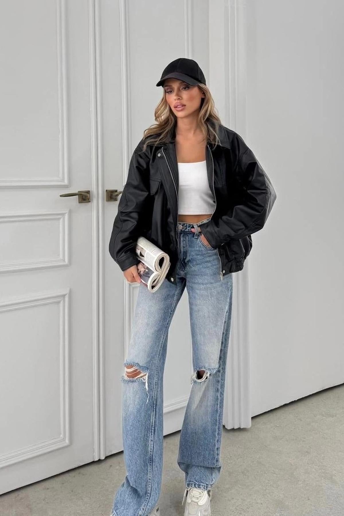 LERMONE Oversize Siyah Vintage Deri Ceket