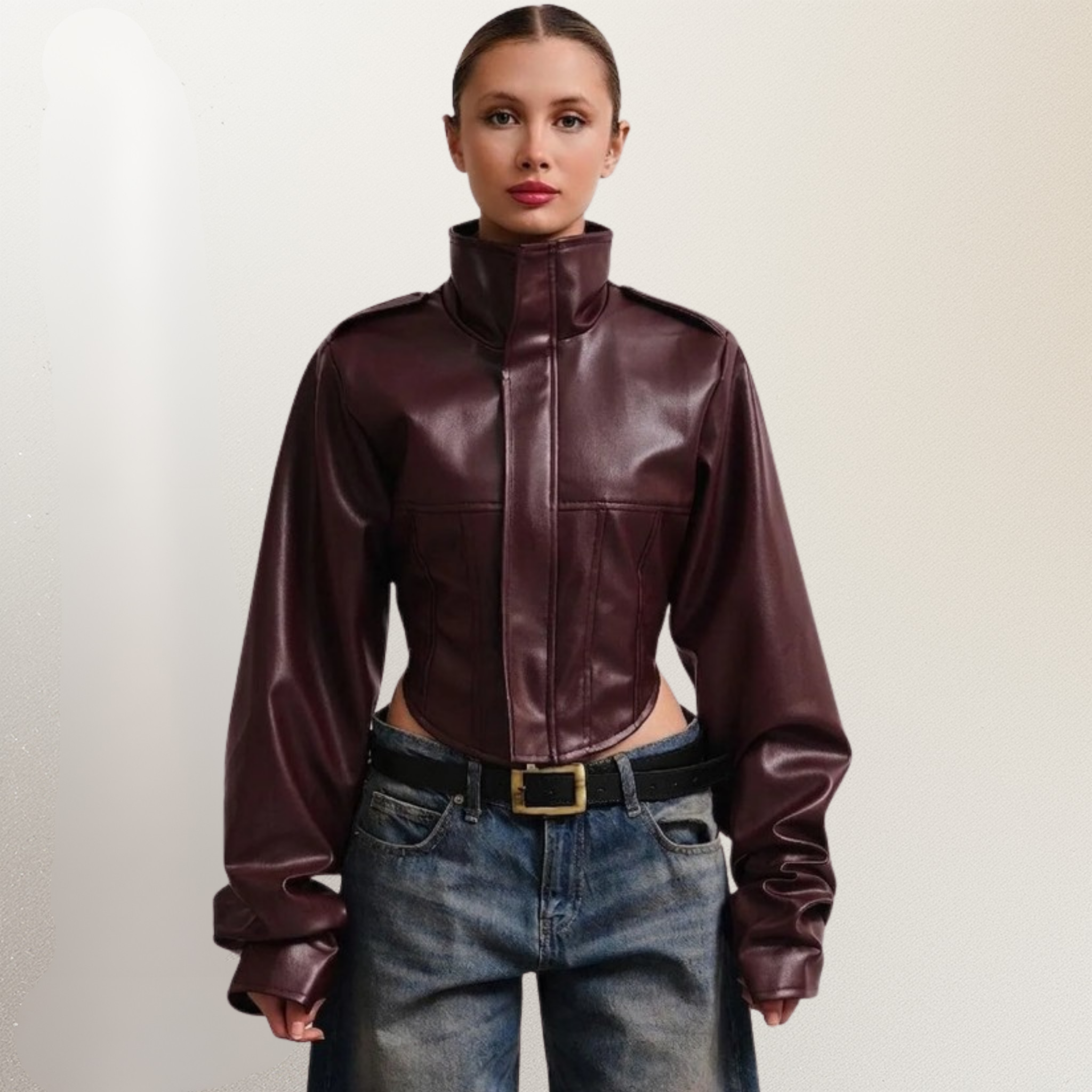 LERMONA Dik Yaka Crop Bordo Deri Ceket