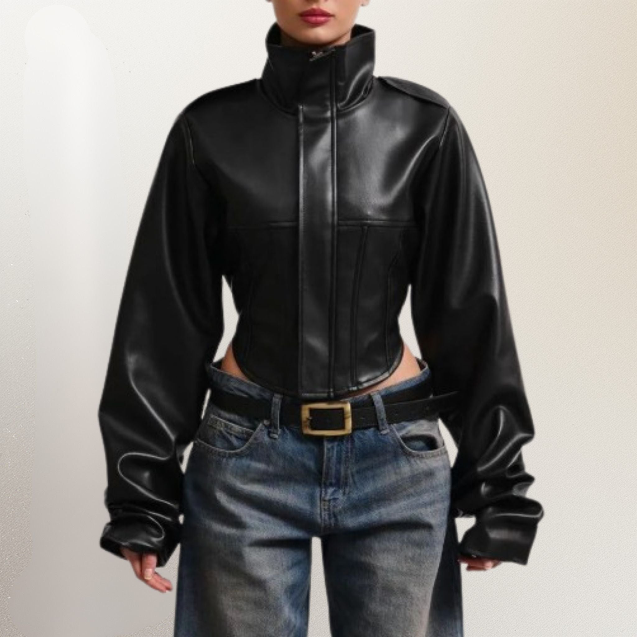 LERMONA Dik Yaka Crop Siyah Deri Ceket