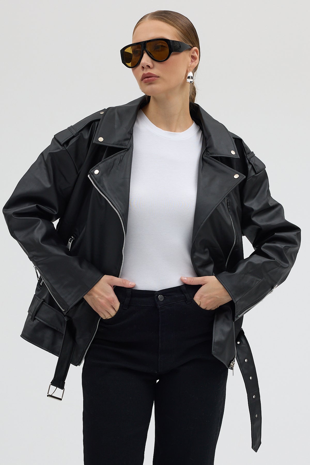 LERMONA NOIR Oversize Kemerli Biker Ceket