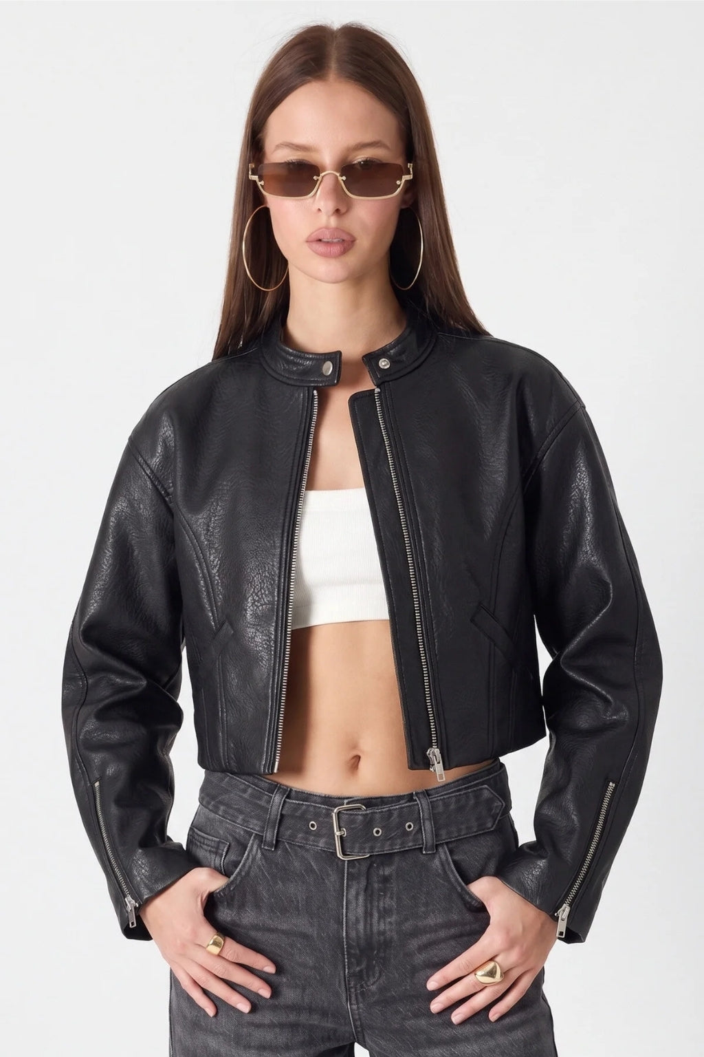 LERMONA Crop Siyah Deri Ceket