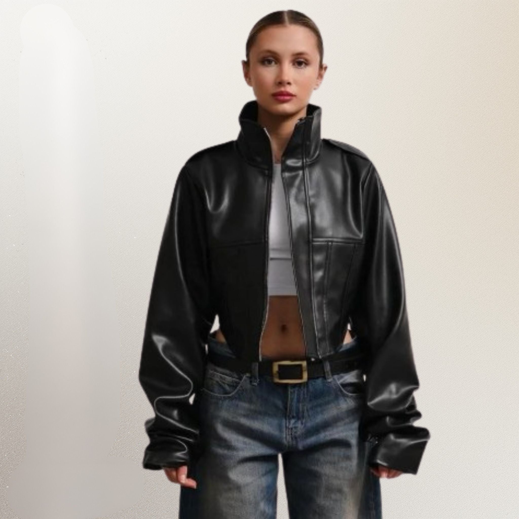 LERMONA Dik Yaka Crop Siyah Deri Ceket