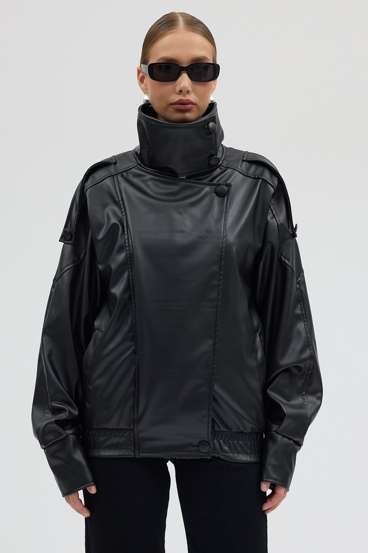 LERMONA Siyah Boğazlı Deri Ceket