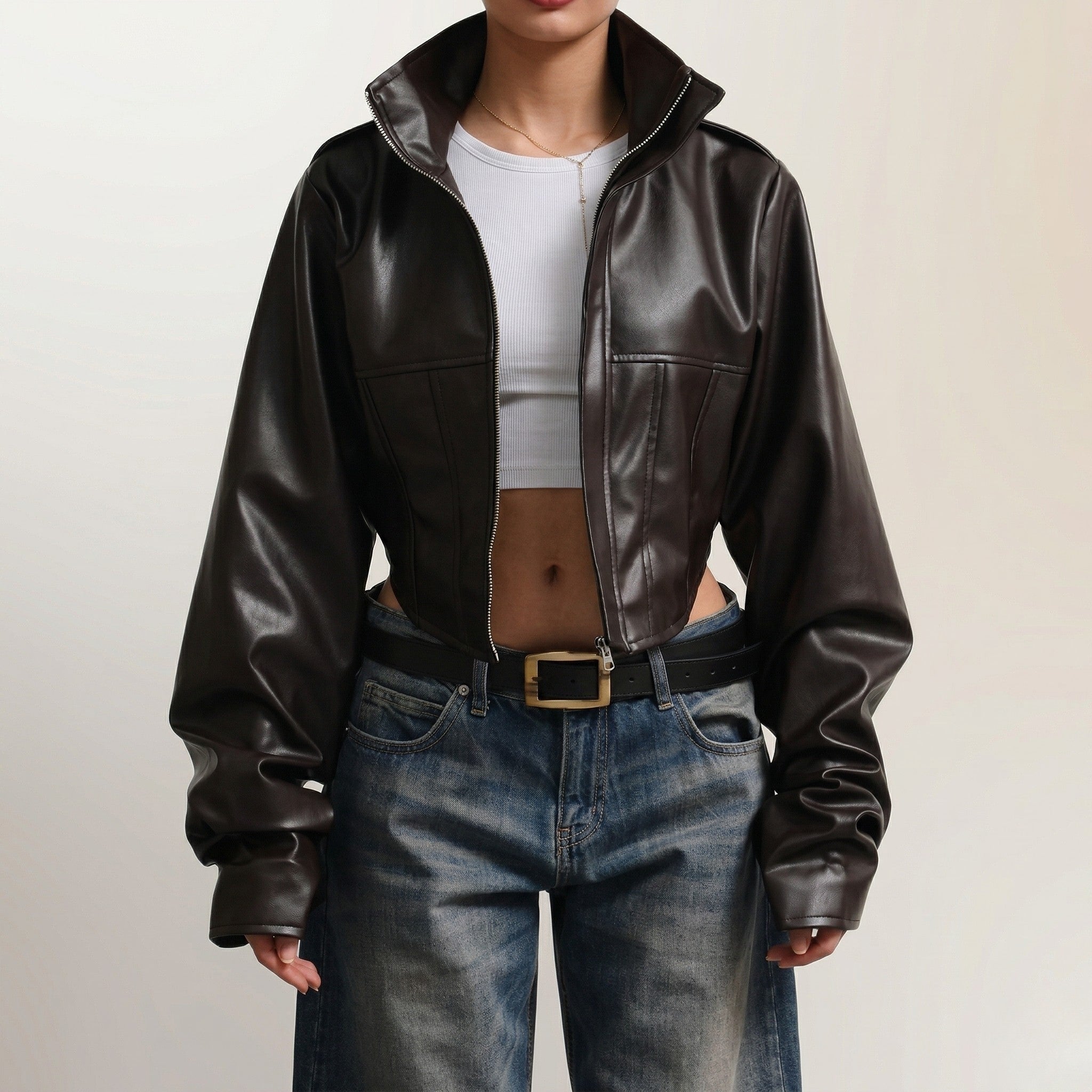 LERMONA Dik Yaka Crop Acı Kahve Deri Ceket