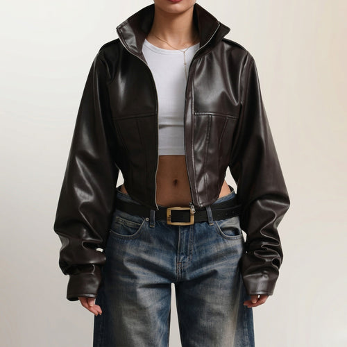 LERMONA Dik Yaka Crop Acı Kahve Deri Ceket