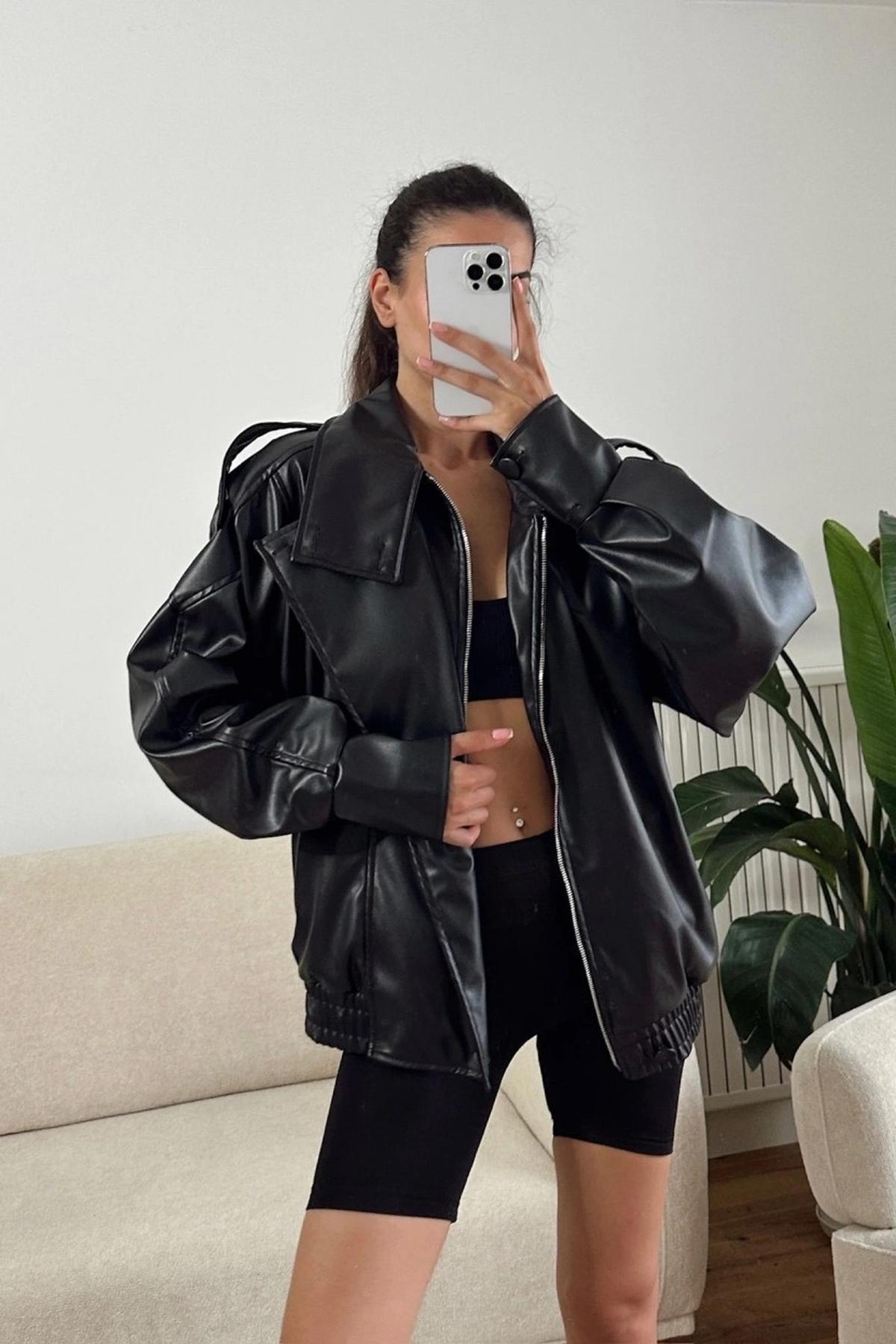 LERMONA Siyah Boğazlı Deri Ceket