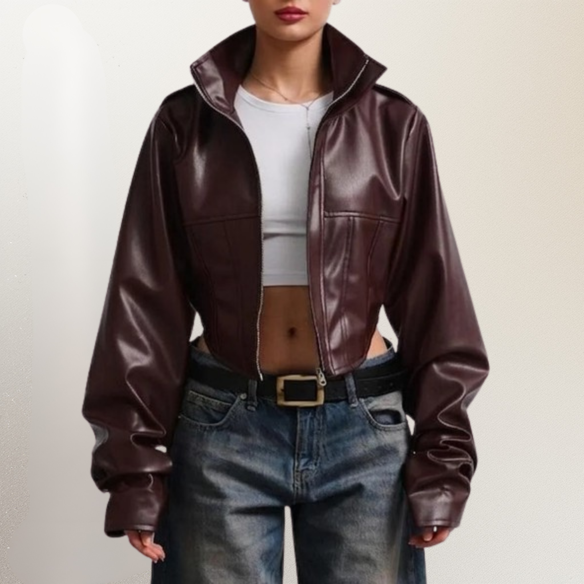 LERMONA Dik Yaka Crop Bordo Deri Ceket