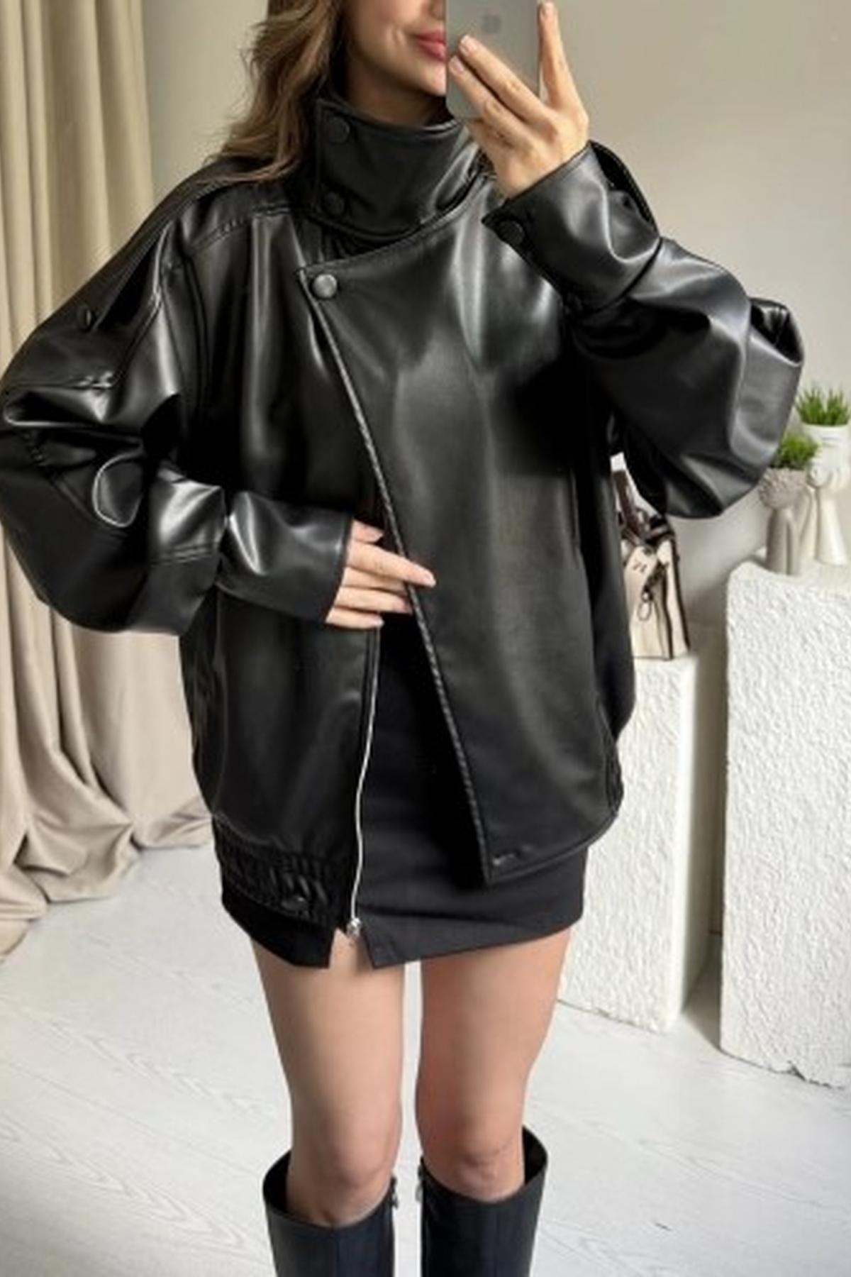 LERMONA Siyah Boğazlı Deri Ceket