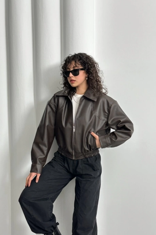 LERMONA Acı Kahve Bomber Deri Ceket