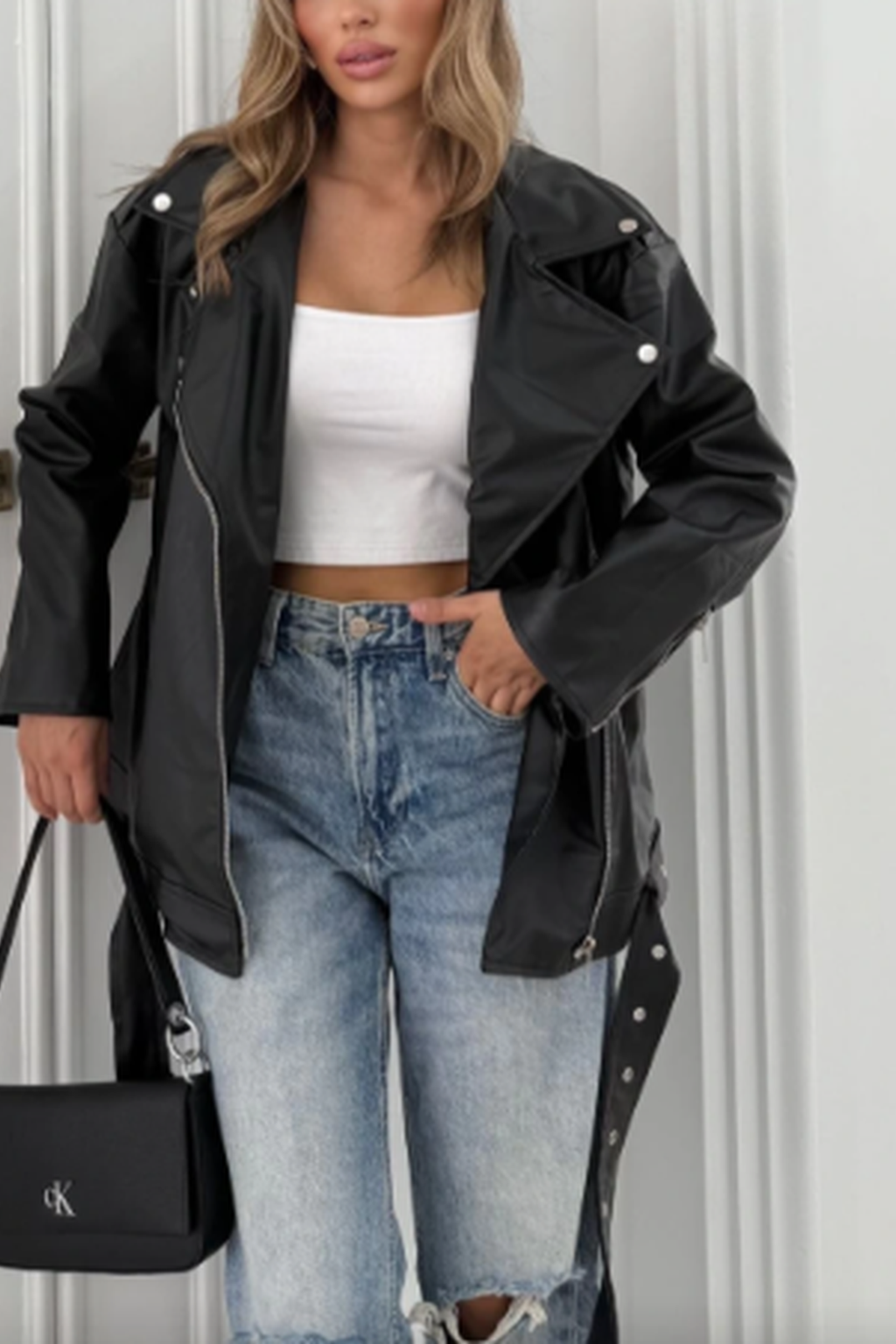 Elvera Oversize Uzun Kadın Siyah Deri Ceket