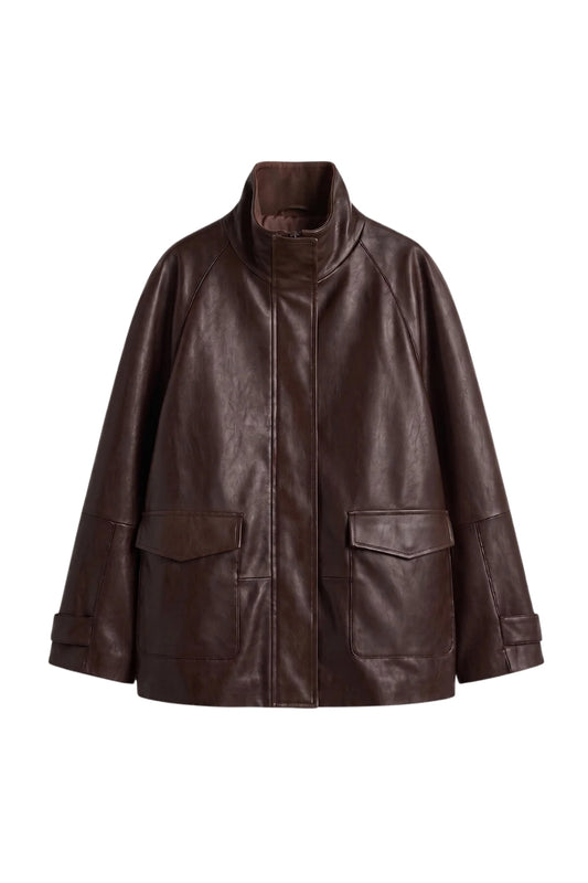 LERMONA VINTAGE Uzun Oversize Acı Kahve Deri Ceket