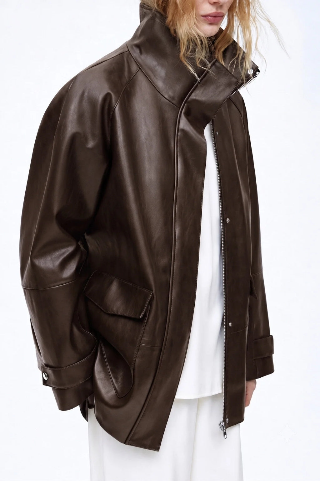 LERMONA VINTAGE Uzun Oversize Acı Kahve Deri Ceket