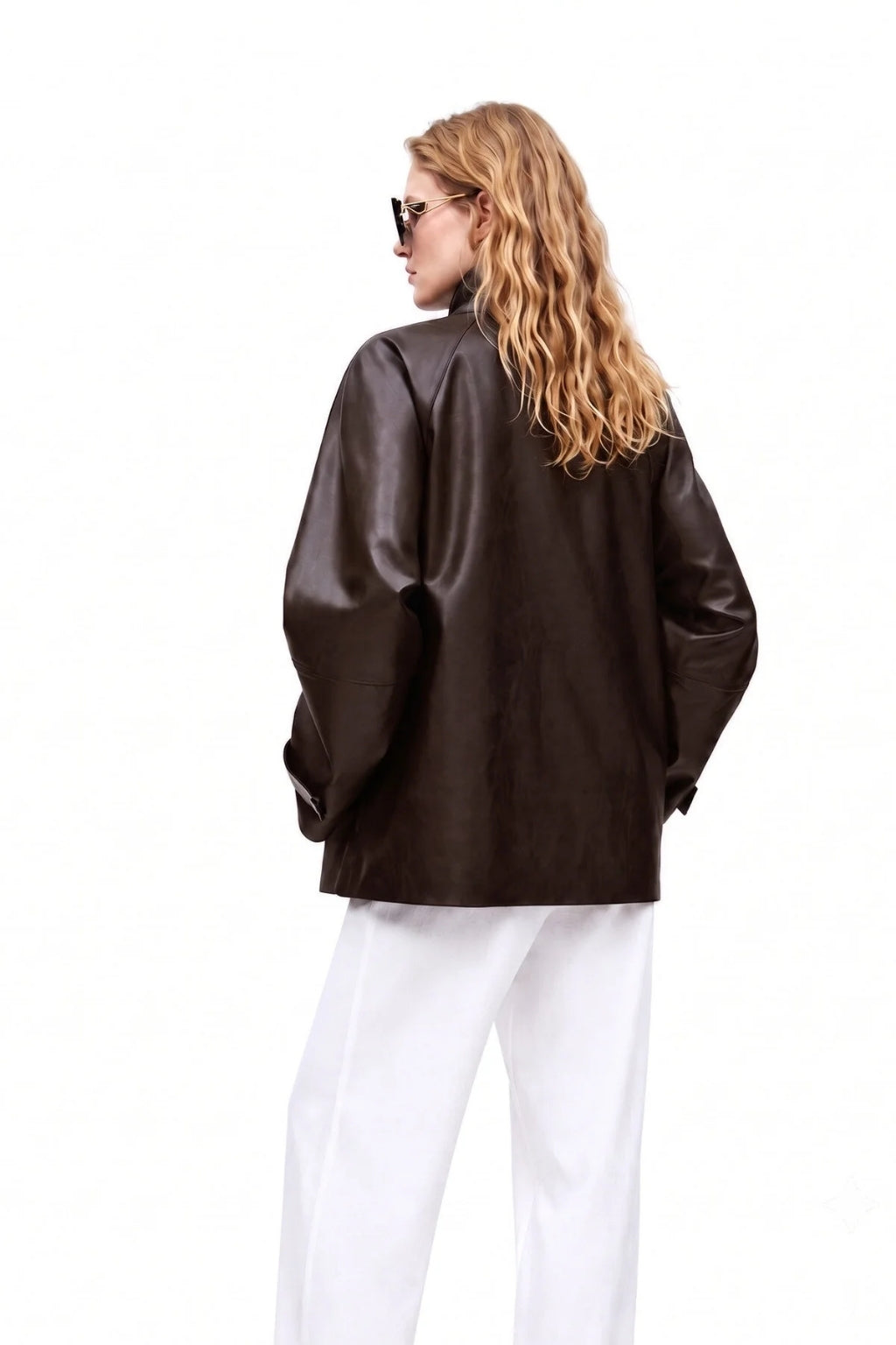 LERMONA VINTAGE Uzun Oversize Acı Kahve Deri Ceket