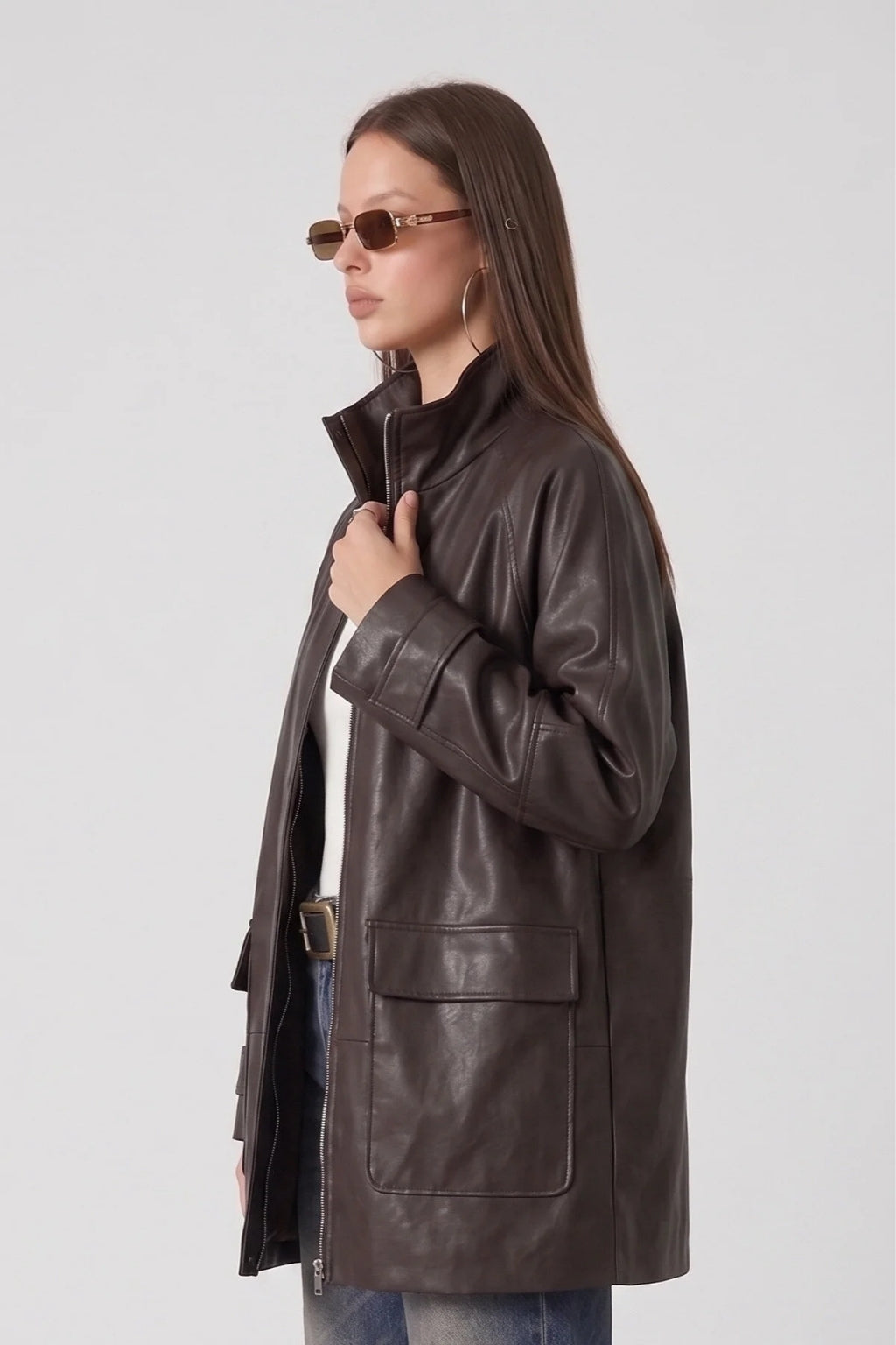 LERMONA VINTAGE Uzun Oversize Acı Kahve Deri Ceket