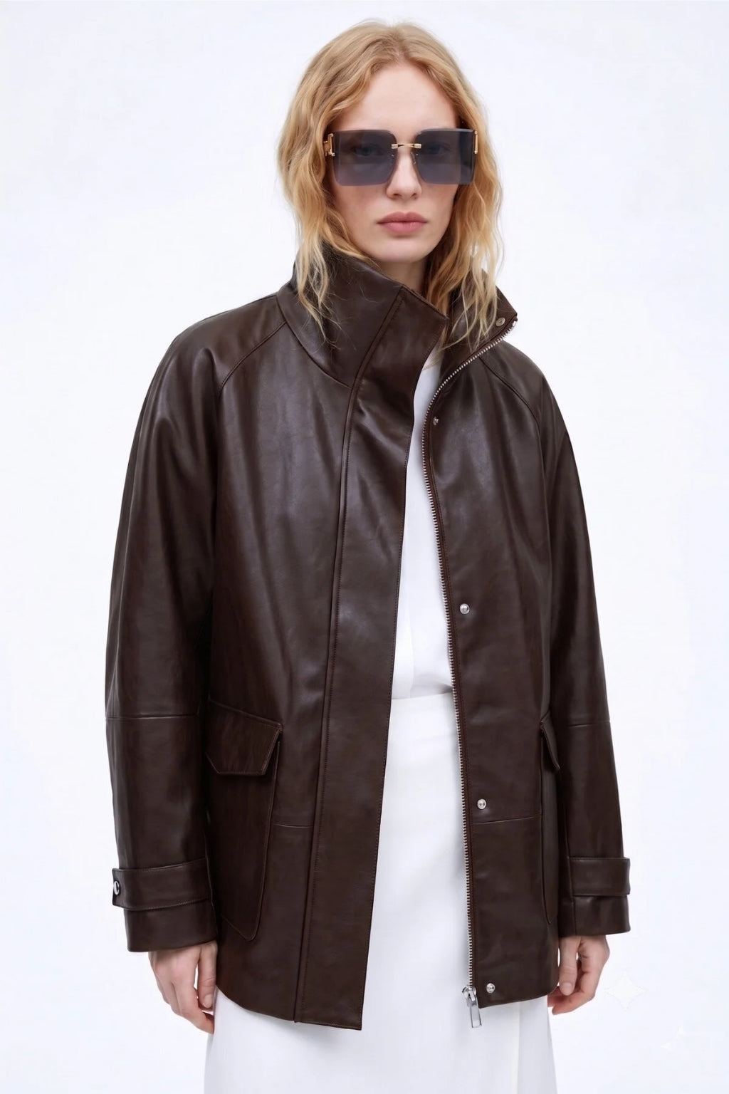 LERMONA VINTAGE Uzun Oversize Acı Kahve Deri Ceket
