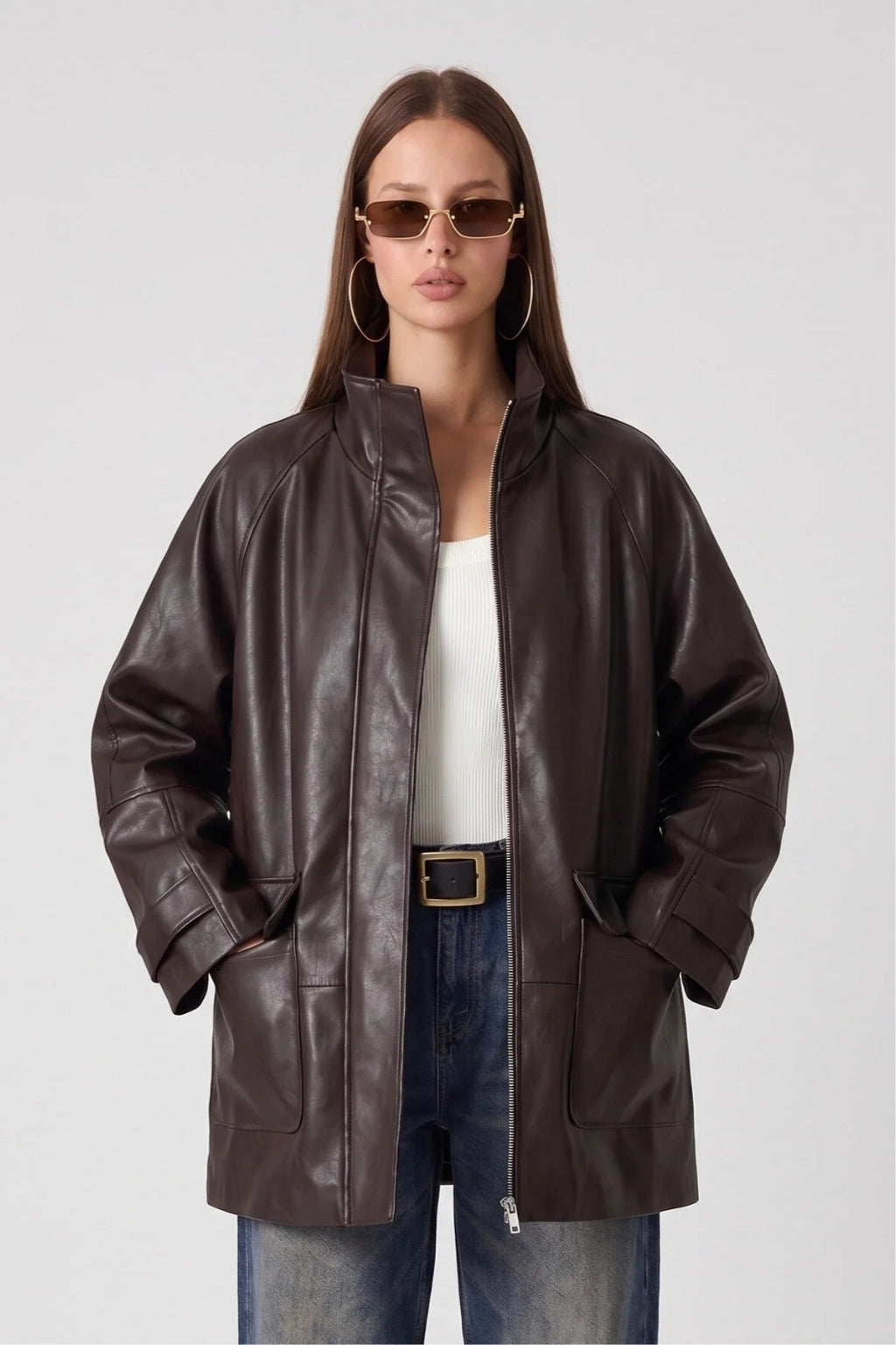 LERMONA VINTAGE Uzun Oversize Acı Kahve Deri Ceket