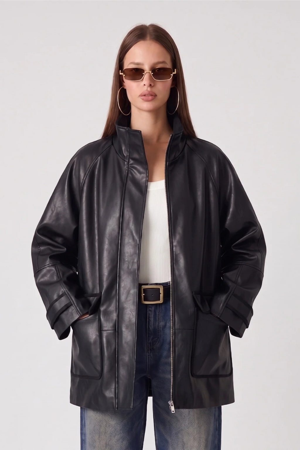 LERMONA VINTAGE Uzun Oversize Siyah Deri Ceket