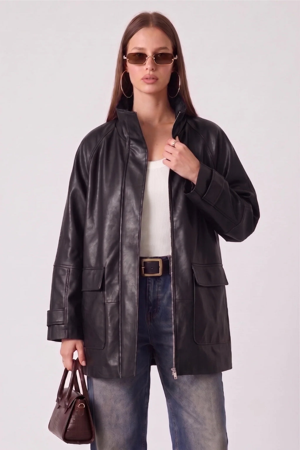 LERMONA VINTAGE Uzun Oversize Siyah Deri Ceket