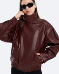 YSL Dik Yaka Spor Bordo Deri Ceket