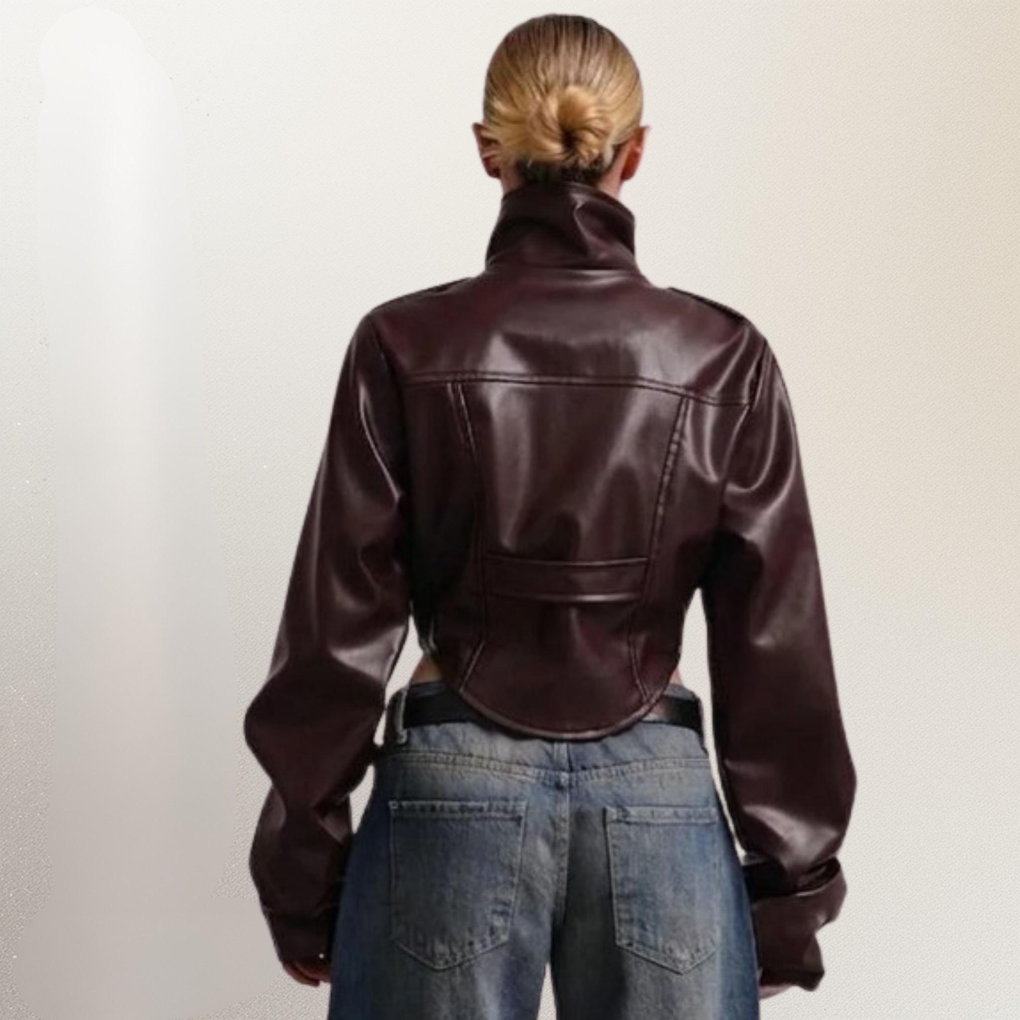 LERMONA Dik Yaka Crop Bordo Deri Ceket