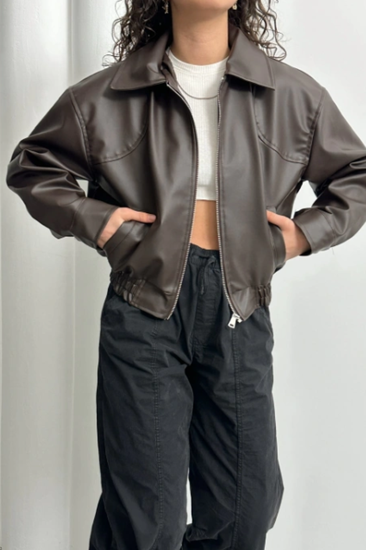 LERMONA Acı Kahve Bomber Deri Ceket