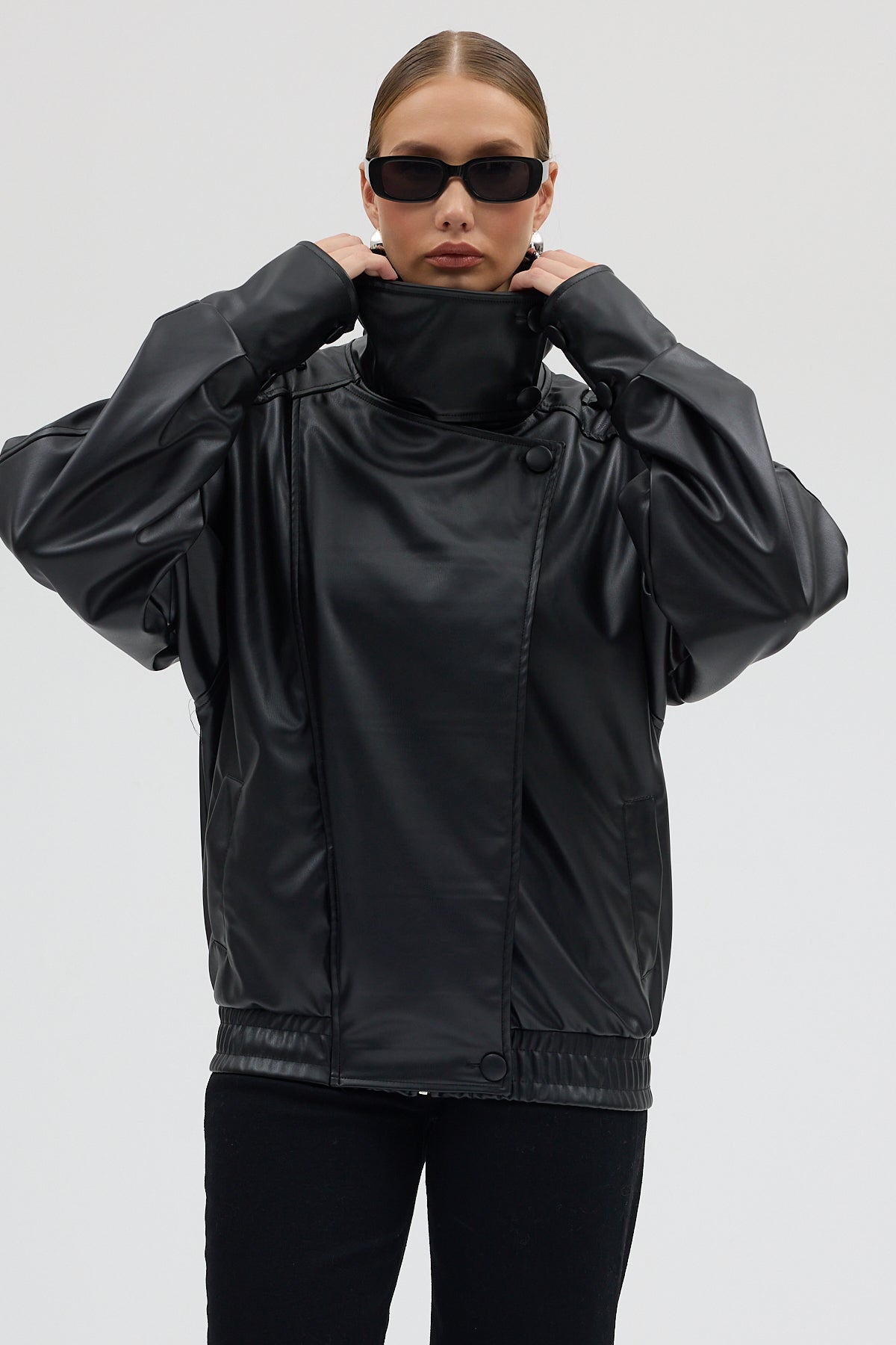 LERMONA Siyah Boğazlı Deri Ceket