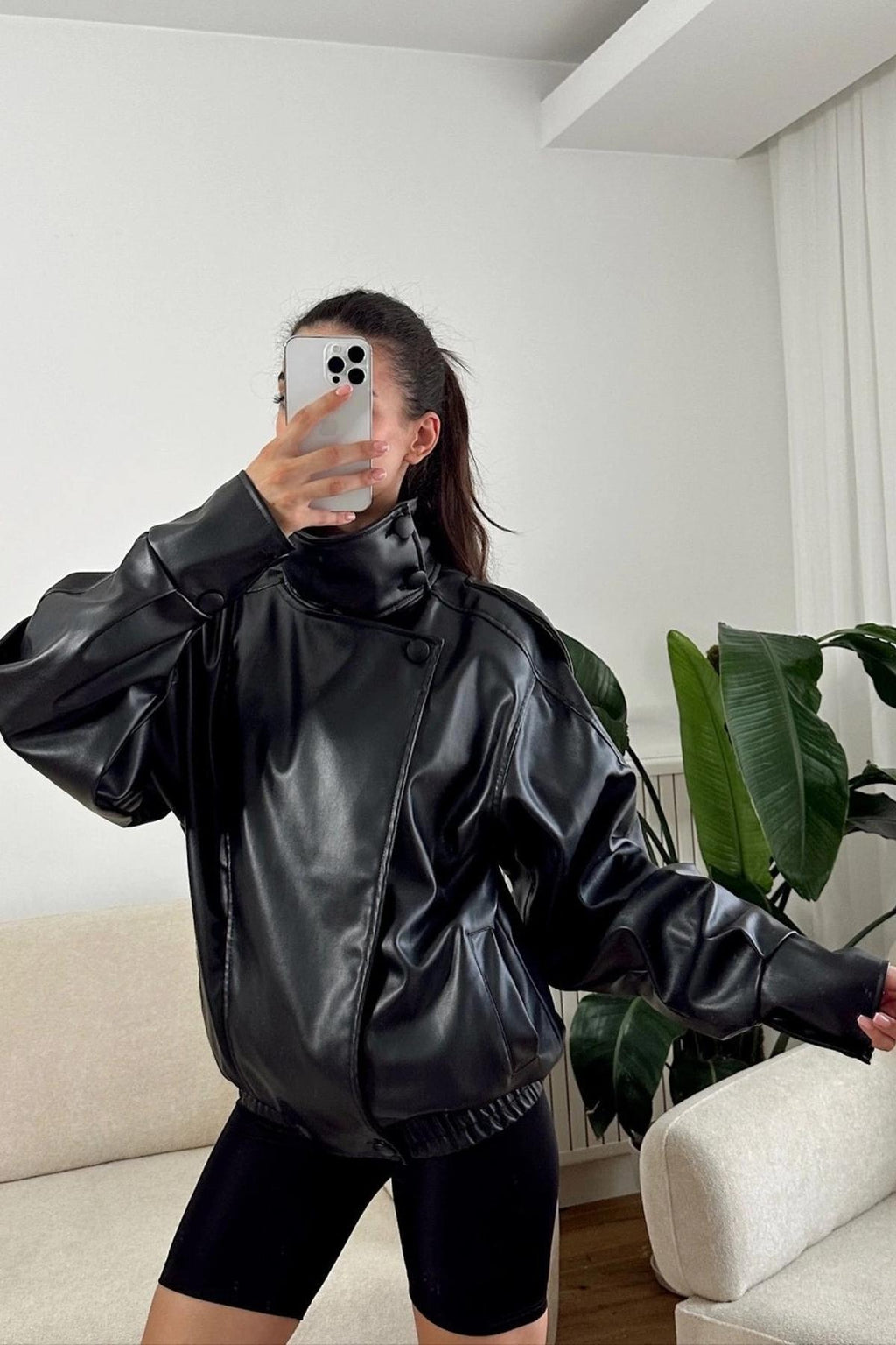 LERMONA Siyah Boğazlı Deri Ceket