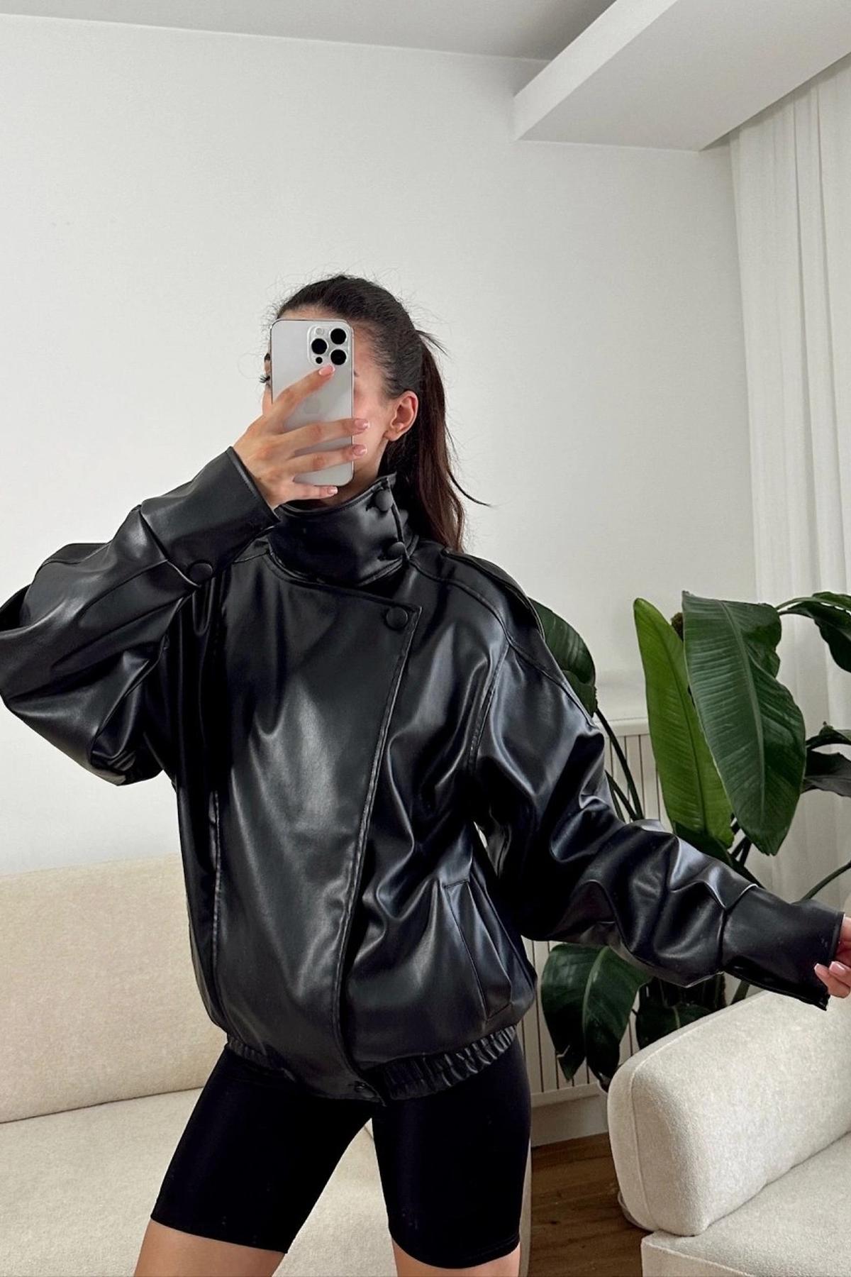 LERMONA Siyah Boğazlı Deri Ceket