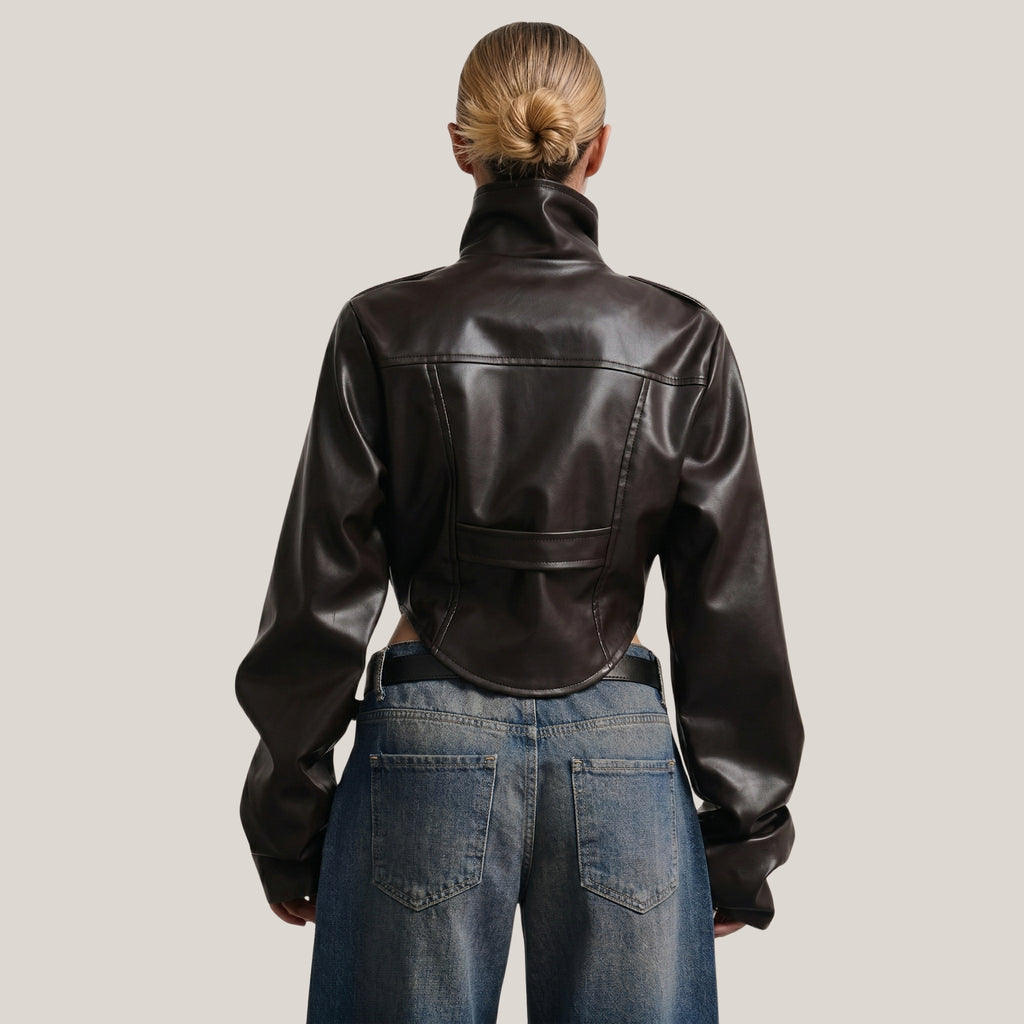 LERMONA Dik Yaka Crop Acı Kahve Deri Ceket