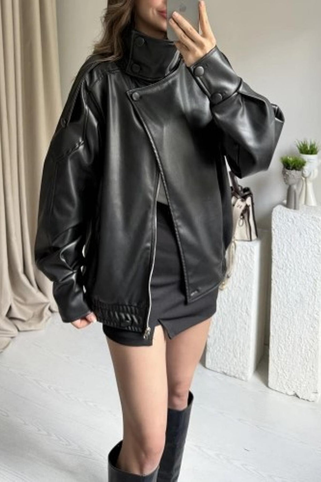 LERMONA Siyah Boğazlı Deri Ceket