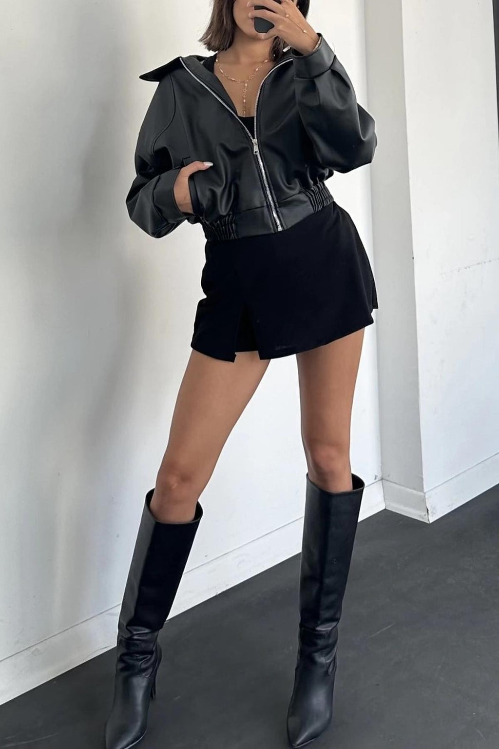 LERMONA Siyah Bomber Deri Ceket