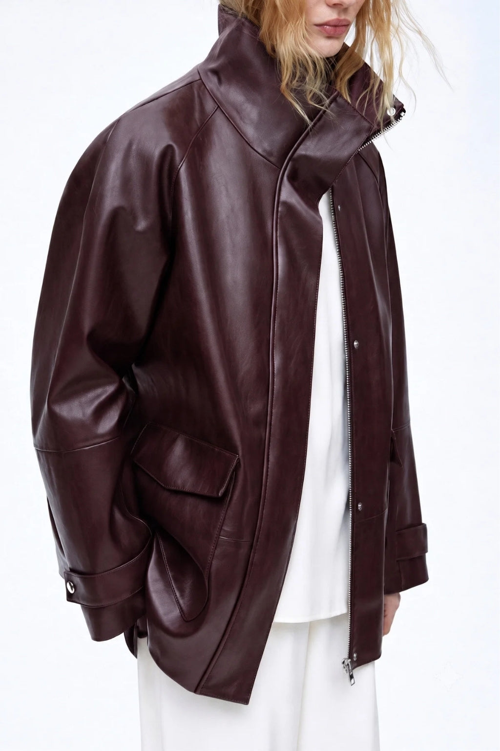 LERMONA VINTAGE Uzun Oversize Bordo Deri Ceket