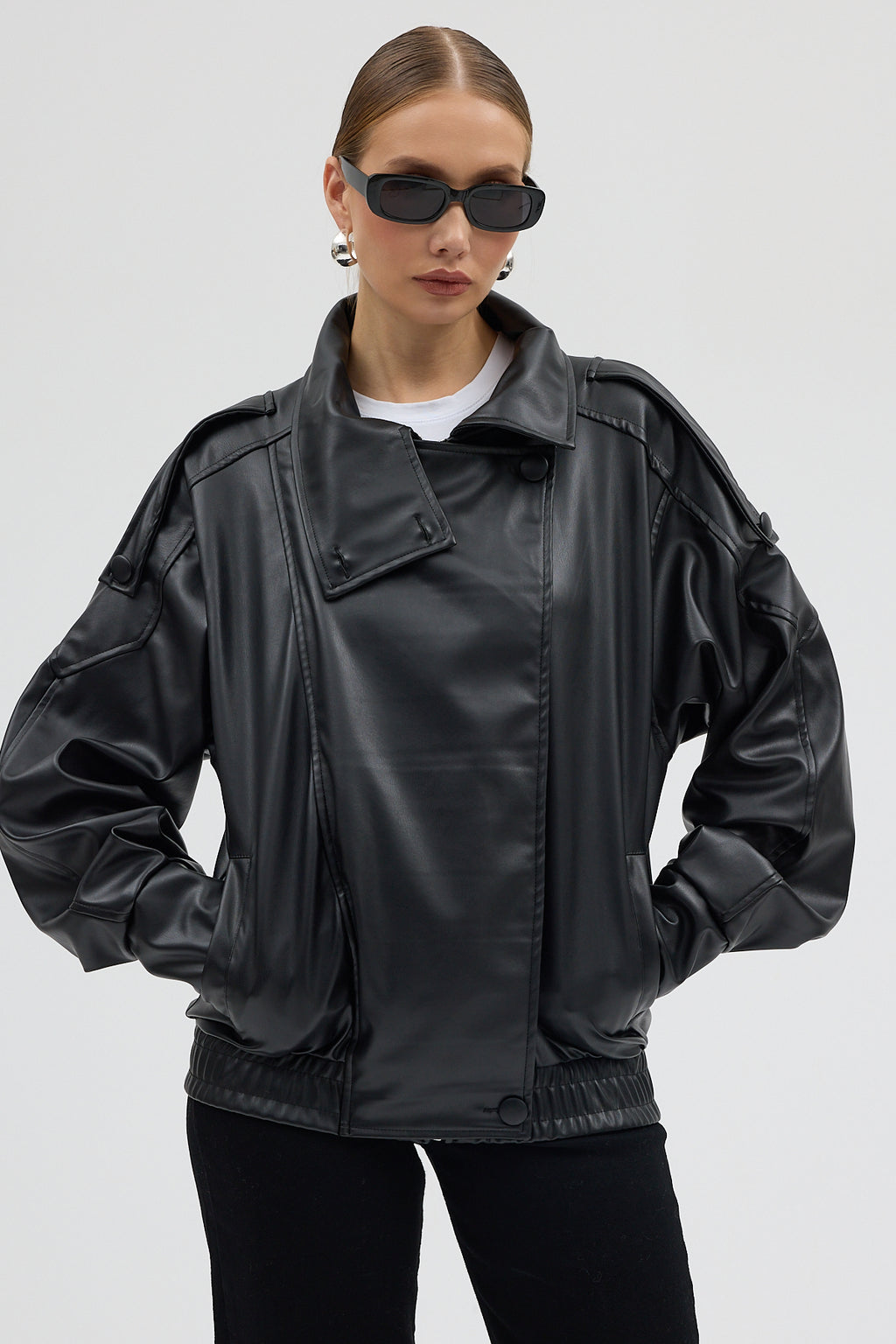 LERMONA Siyah Boğazlı Deri Ceket