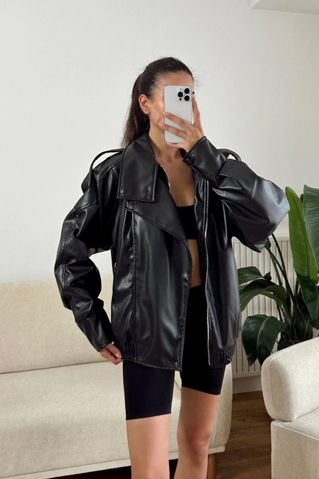 LERMONA Siyah Boğazlı Deri Ceket